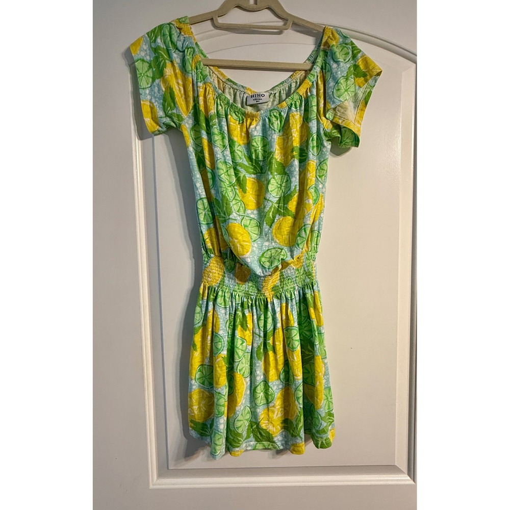 HIHO Tortola Mini Dress M Green Yellow Citrus Smocked Cotton Tropical Lemon Lime